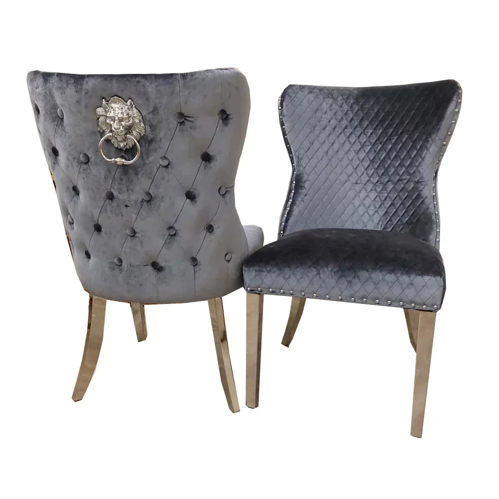 Louis 150cm Marble & Chrome Dining Table With Valente Velvet Chrome Lion Quilted Knocker Chairs