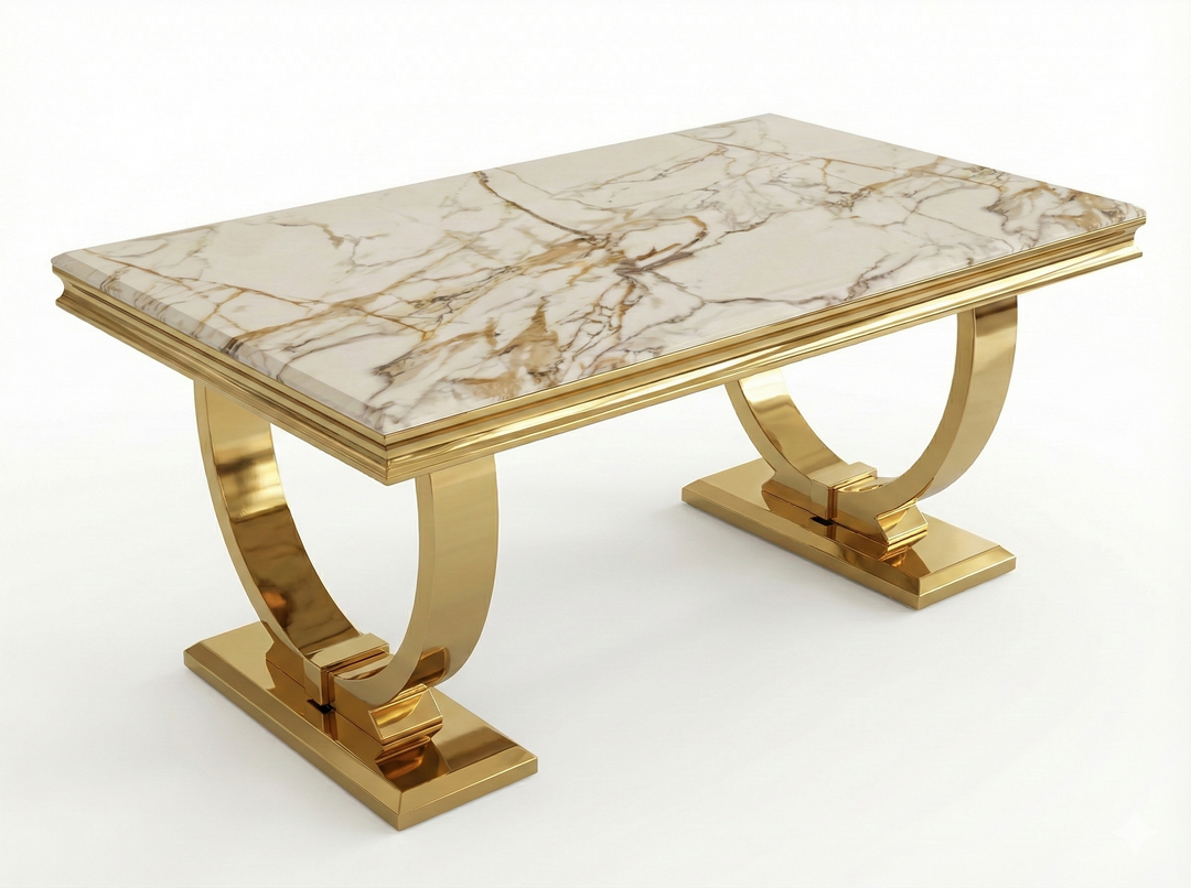 Arianna Marble & Gold Dining Table With Vermont Cream Gold Velvet Dining Chairs Crystals