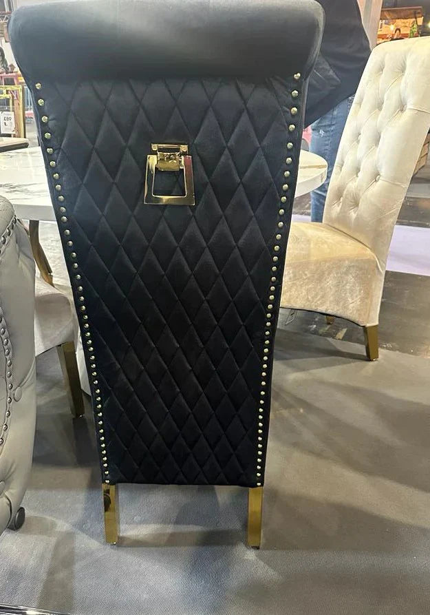 Louis Pandora Gold Marble Dining Table With Lucy Slim Quilted Gold Ring Knocker Velvet Chairs