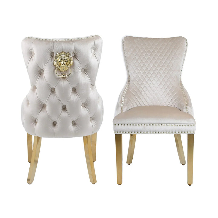 Victoria Gold Lion Knocker Quilted Tufted Plush Velvet Dining Chair Gold Legs - 3 Colours