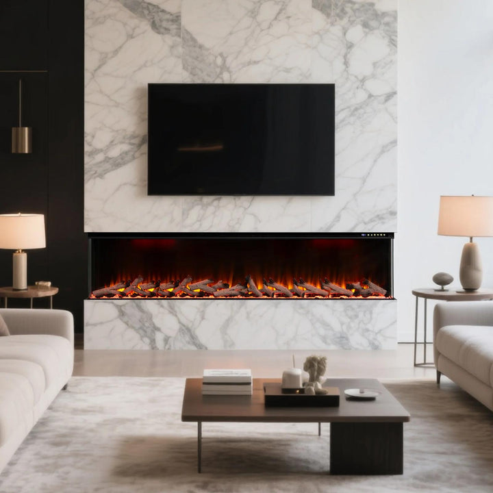 Maison 50 Inch 2025 Panoramic Smart Alexa Media Wall Fire 3 Sided Glass LED WiFi Electric UHD Fireplace