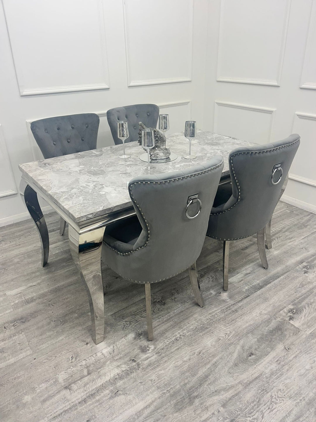 Louis Marble & Chrome Dining Table With Megan Chrome Ring Knocker Velvet Chairs