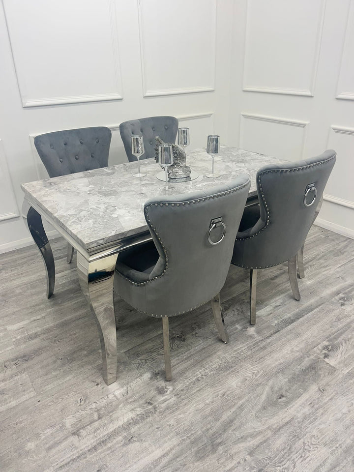 Louis Marble & Chrome Dining Table With Megan Chrome Ring Knocker Velvet Chairs