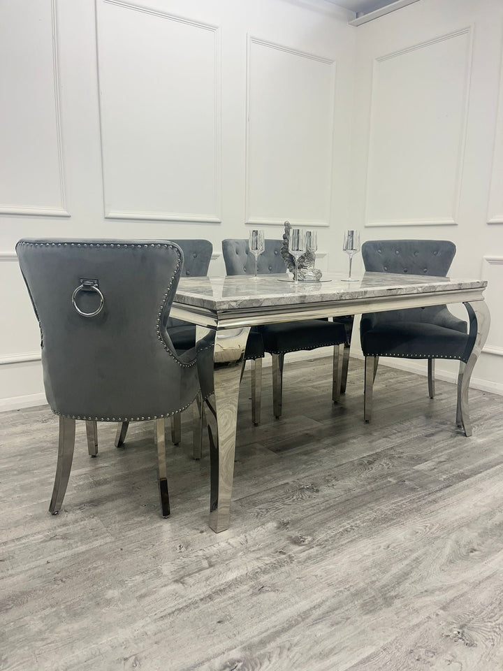 Louis 160cm Marble & Chrome Dining Table With Megan Chrome Ring Knocker Velvet Chairs