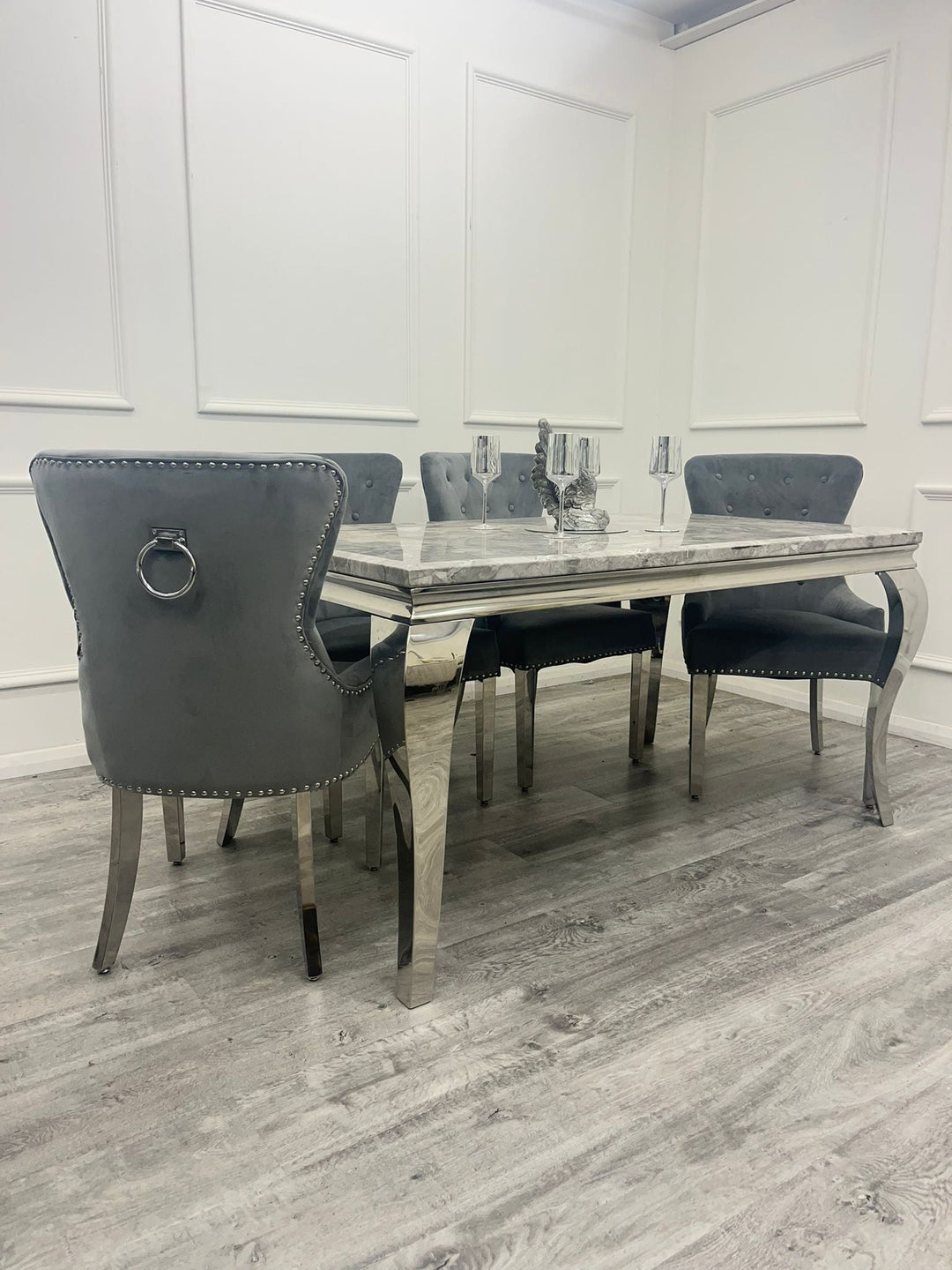 Louis Marble & Chrome Dining Table With Megan Chrome Ring Knocker Velvet Chairs