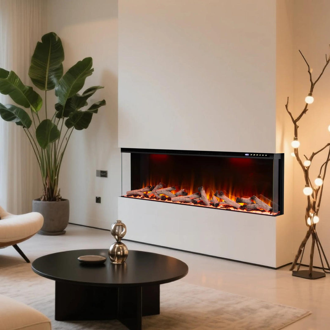 Maison 80 Inch 2025 Panoramic Smart Alexa Media Wall Fire 3 Sided Glass LED WiFi Electric UHD Fireplace