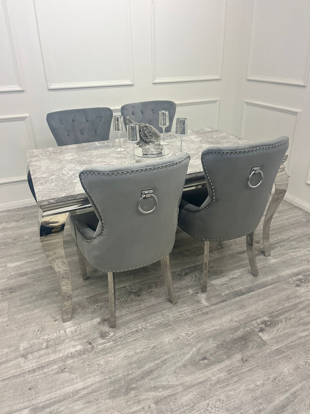 Louis Marble & Chrome Dining Table With Megan Chrome Ring Knocker Velvet Chairs