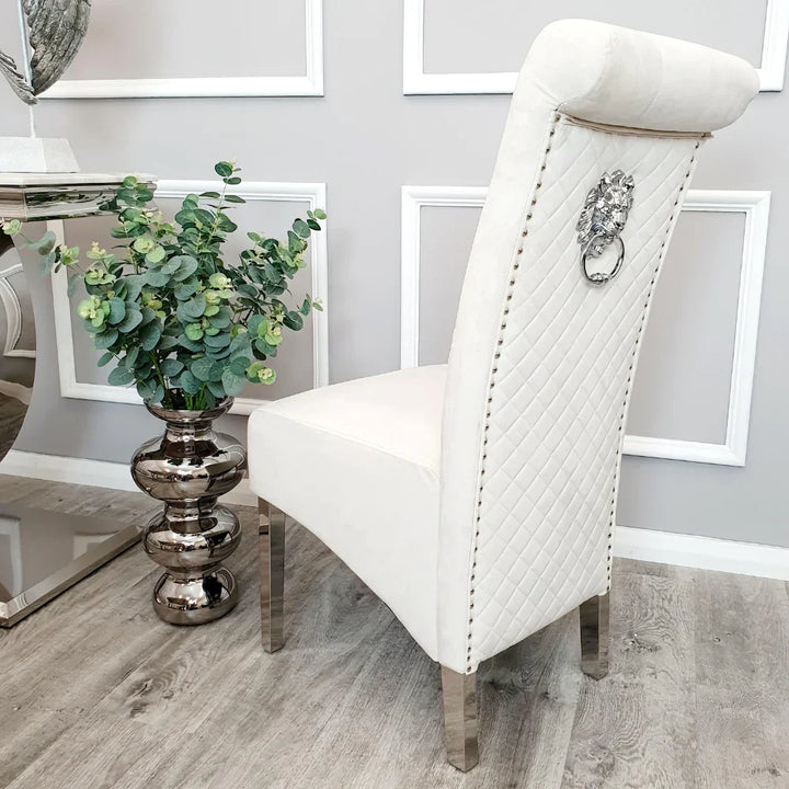 Arianna Marble & Chrome Dining Table With Lucy Slim Quilted Lion Knocker Velvet Chairs
