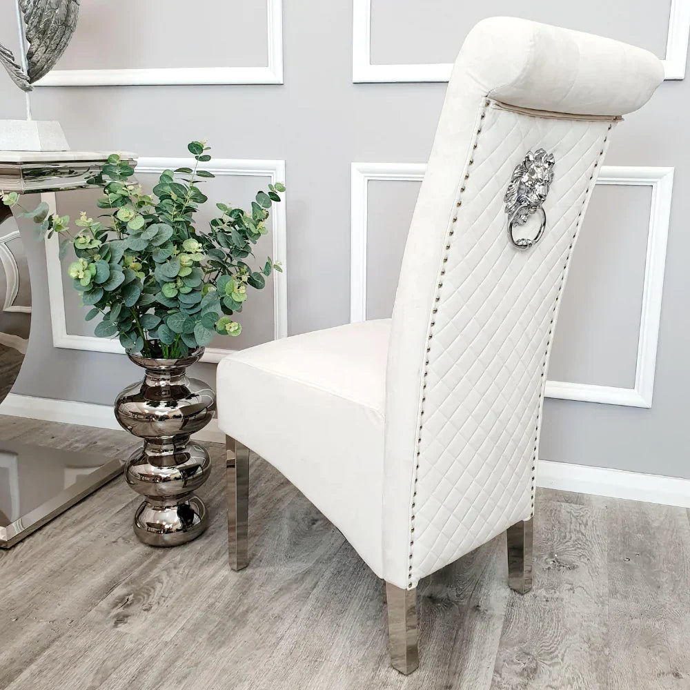 Arial Marble & Chrome Dining Table With Lucy Slim Quilted Lion Knocker Velvet Chairs