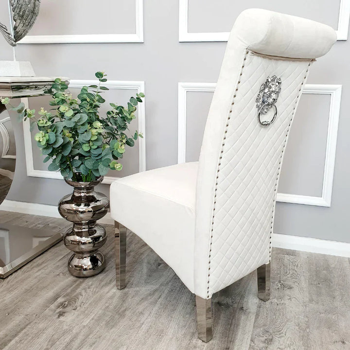 Arial Marble & Chrome Dining Table With Lucy Slim Quilted Lion Knocker Velvet Chairs