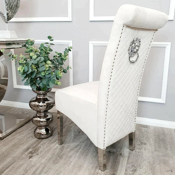 Arial 180cm Marble & Chrome Dining Table With Lucy Slim Quilted Lion Knocker Velvet Chairs