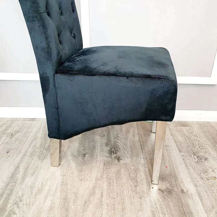 Arial 180cm Marble & Chrome Dining Table With Lucy Slim Quilted Lion Knocker Velvet Chairs