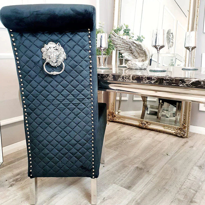 Louis 160CM Marble & Chrome Dining Table With Lucy Slim Quilted Lion Knocker Velvet Chairs