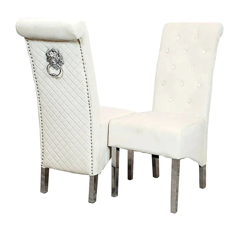 Louis 160CM Marble & Chrome Dining Table With Lucy Slim Quilted Lion Knocker Velvet Chairs