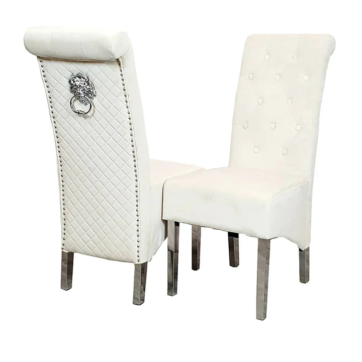 Arial Marble & Chrome Dining Table With Lucy Slim Quilted Lion Knocker Velvet Chairs