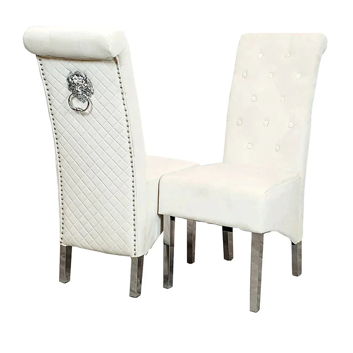 Arial 200cm Marble & Chrome Dining Table With Lucy Slim Quilted Lion Knocker Velvet Chairs