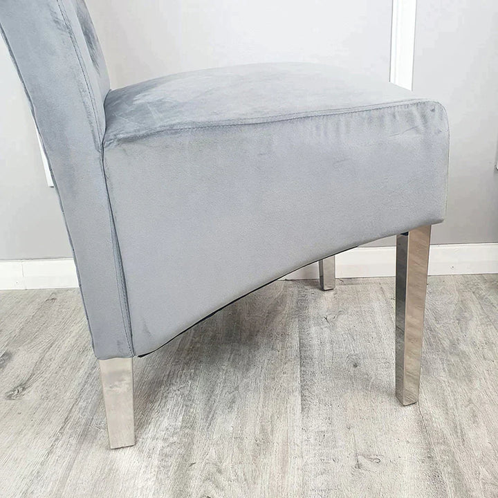 Arial 200cm Marble & Chrome Dining Table With Lucy Slim Quilted Lion Knocker Velvet Chairs