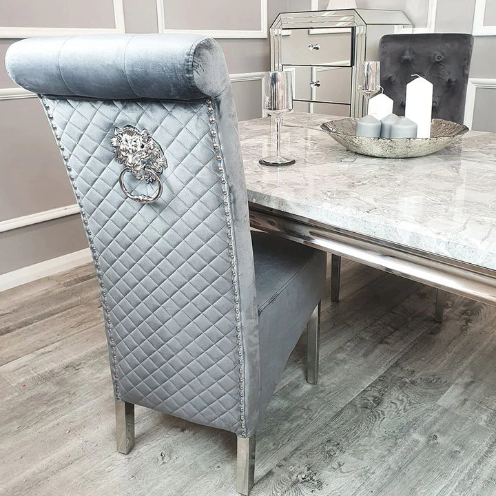 Arial 150cm Marble & Chrome Dining Table With Lucy Slim Quilted Lion Knocker Velvet Chairs