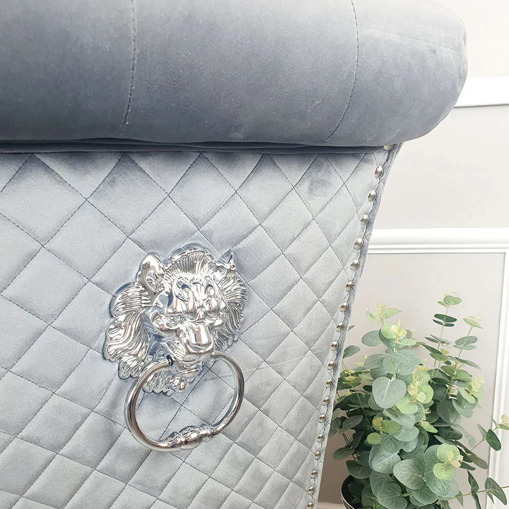 Sophia Grey French Velvet Lion Knocker Quilted Dining Chair With Chrome Legs-Esme Furnishings