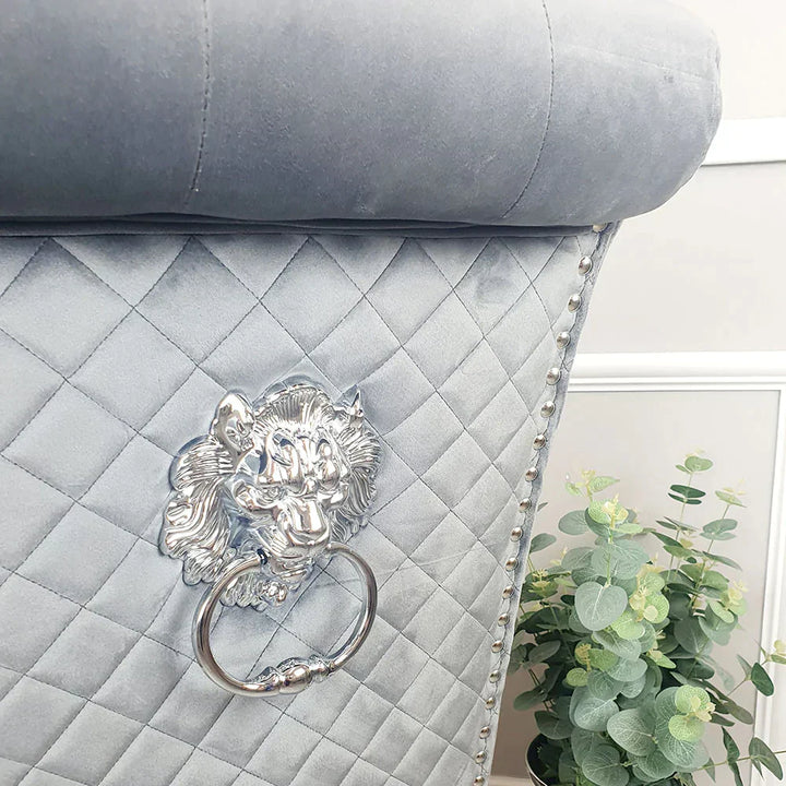 Sophia Grey French Velvet Lion Knocker Quilted Dining Chair With Chrome Legs-Esme Furnishings