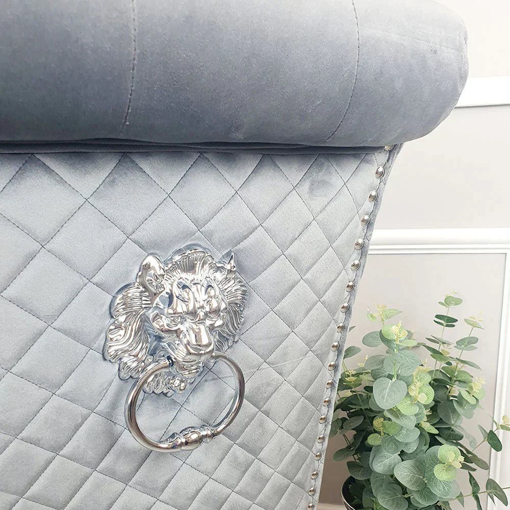 Louis Marble & Chrome Dining Table With Lucy Slim Quilted Lion Knocker Velvet Chairs