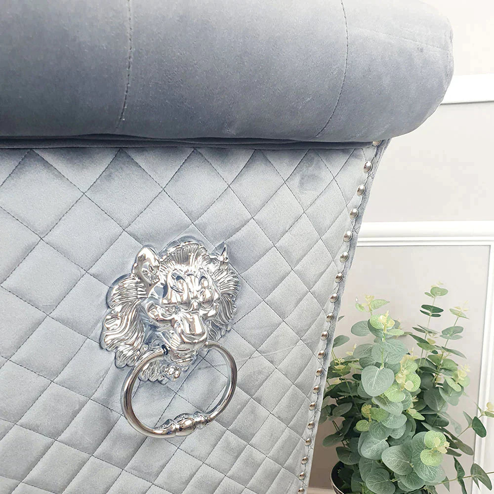 Arial 180cm Marble & Chrome Dining Table With Lucy Slim Quilted Lion Knocker Velvet Chairs