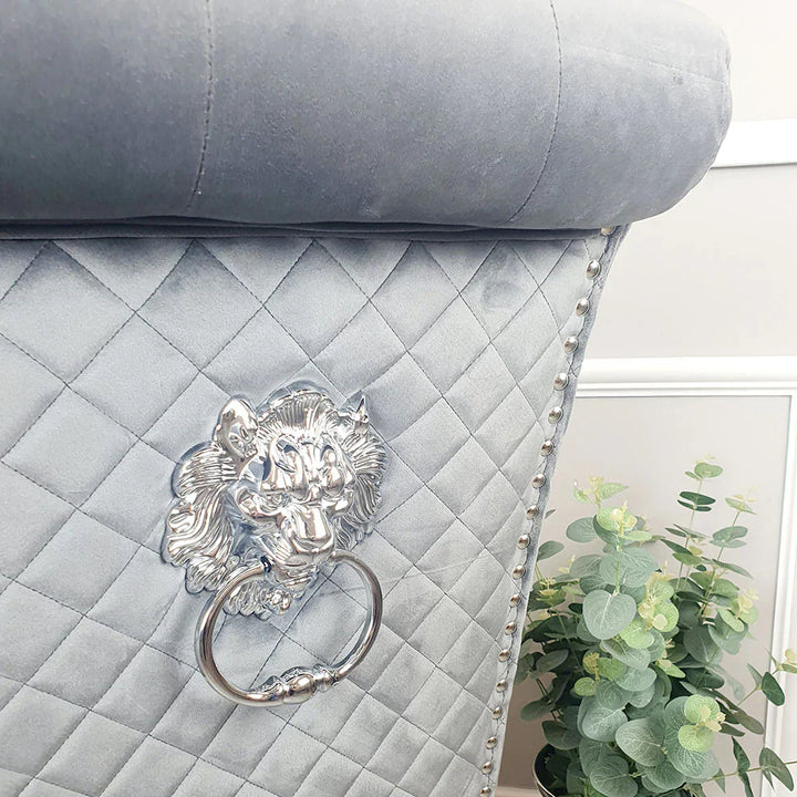 Arianna Marble & Chrome Dining Table With Lucy Slim Quilted Lion Knocker Velvet Chairs