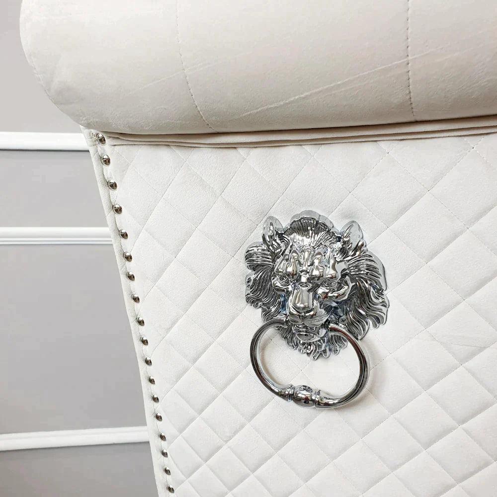 Louis 160CM Marble & Chrome Dining Table With Lucy Slim Quilted Lion Knocker Velvet Chairs