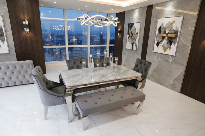 Louis Marble & Chrome Dining Table With Grey Ring Knocker Velvet Chairs & Bench