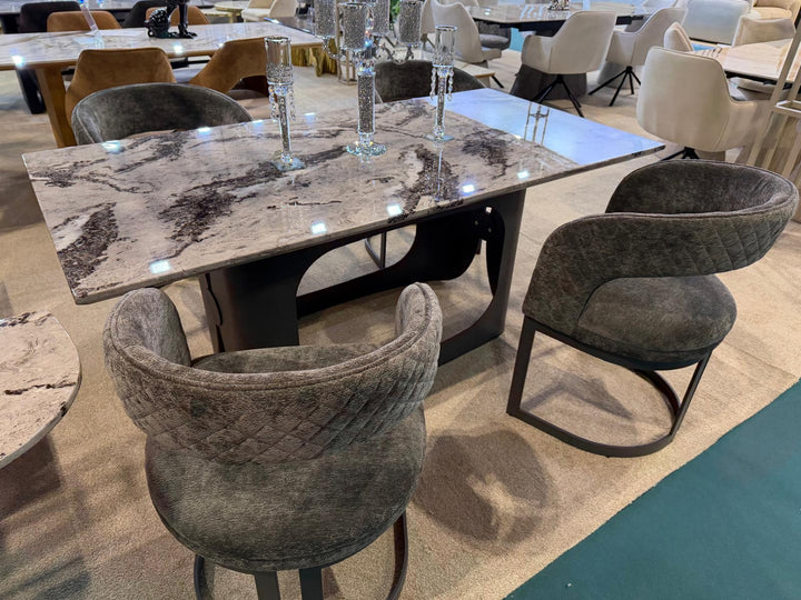 Lina Grey Marble 180cm Dining Table With Grey Velvet Dining Chairs