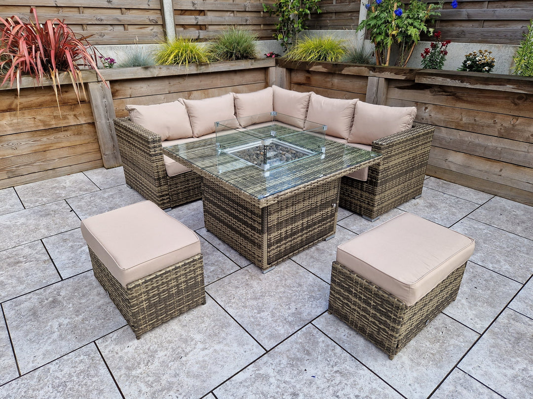 Georgia Mixed Brown Corner Sofa and Fire Pit Dining Table with 2 Stools