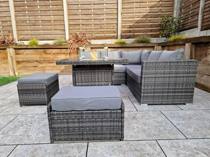 Georgia Grey Corner Sofa and Fire Pit Dining Table with 2 Stools