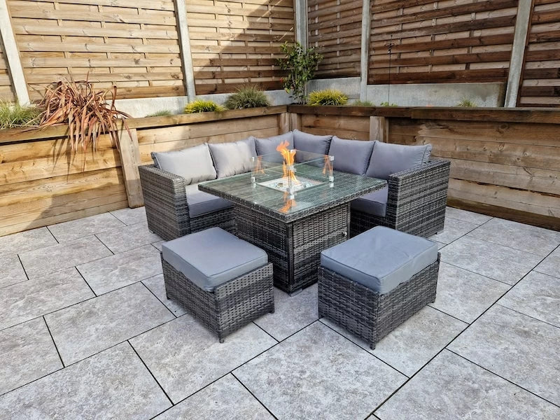Georgia Grey Corner Sofa and Fire Pit Dining Table with 2 Stools