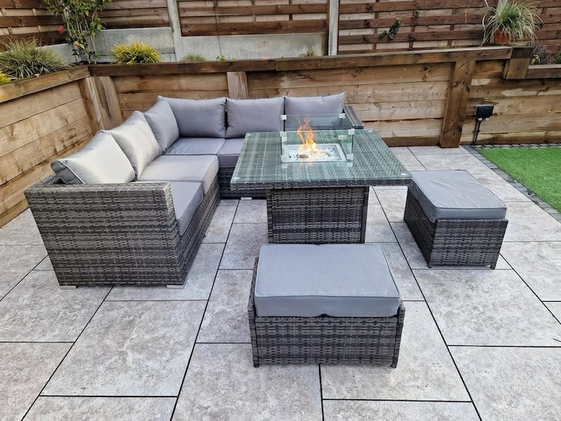 Georgia Grey Corner Sofa and Fire Pit Dining Table with 2 Stools