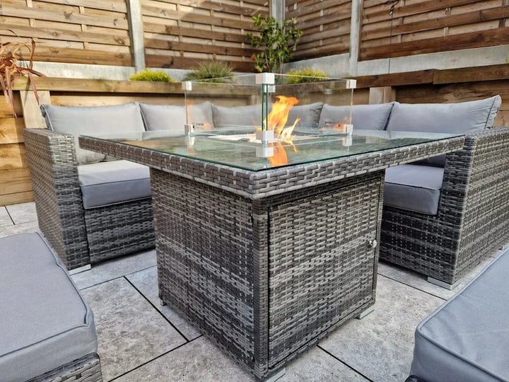 Megan Outdoor Garden Grey Rattan Corner Sofa and Square Firepit Dining Set