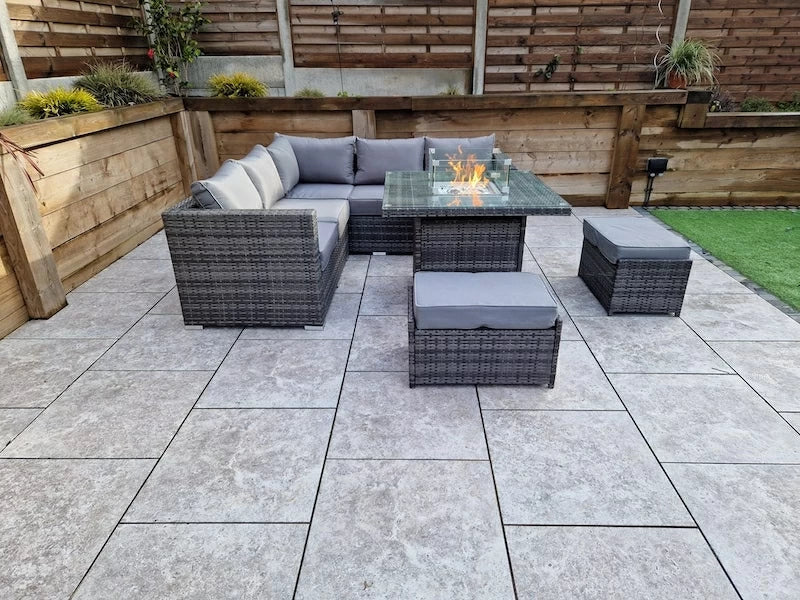 Georgia Grey Corner Sofa and Fire Pit Dining Table with 2 Stools
