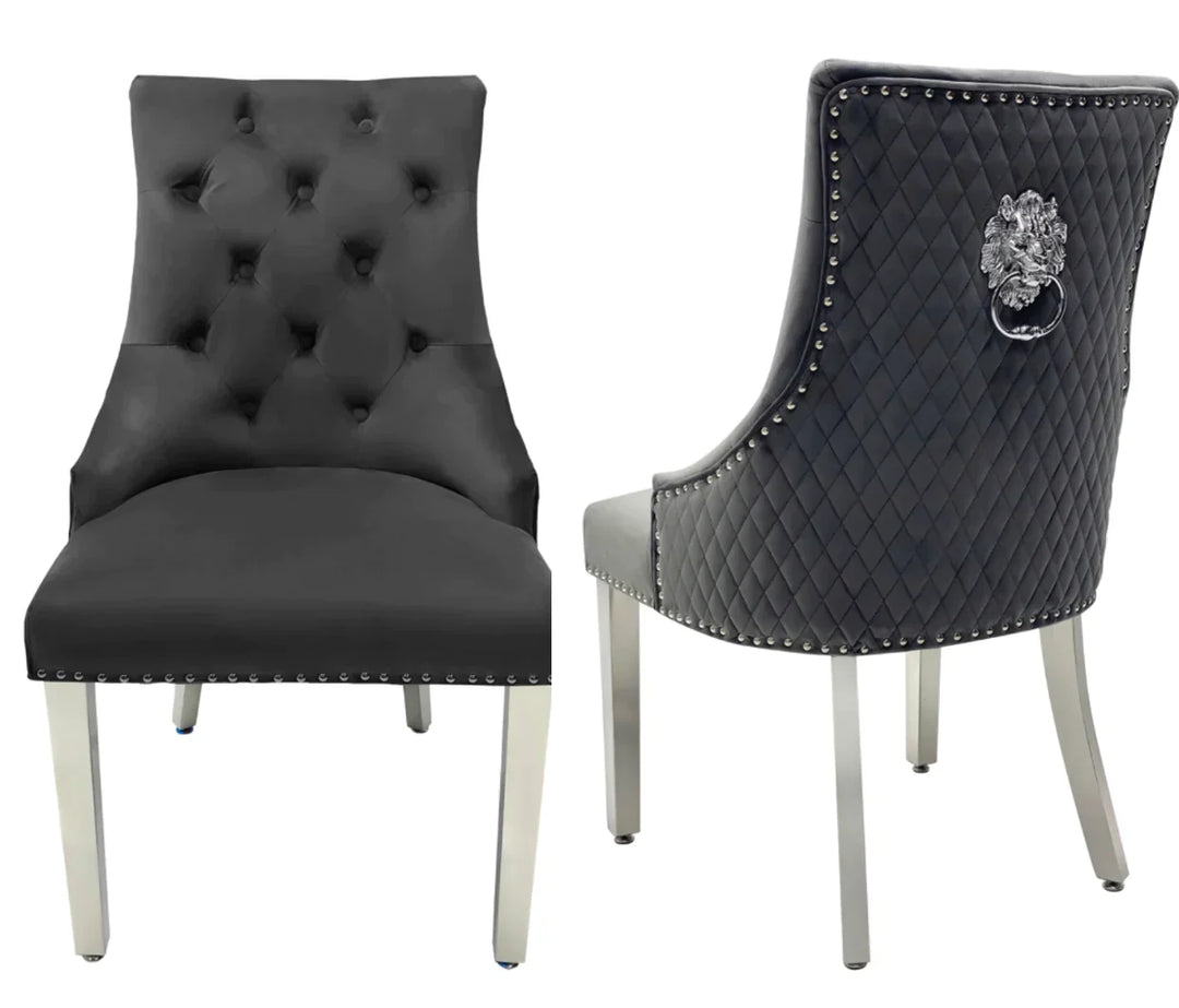Louis Marble & Chrome Dining Table With Lion Knocker Velvet Chairs & High Back 130cm Bench