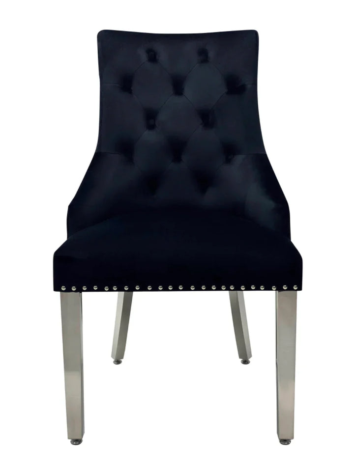 Louis Marble & Chrome Dining Table With Quilted Lion Knocker Velvet Chairs & Majestic 140cm Bench