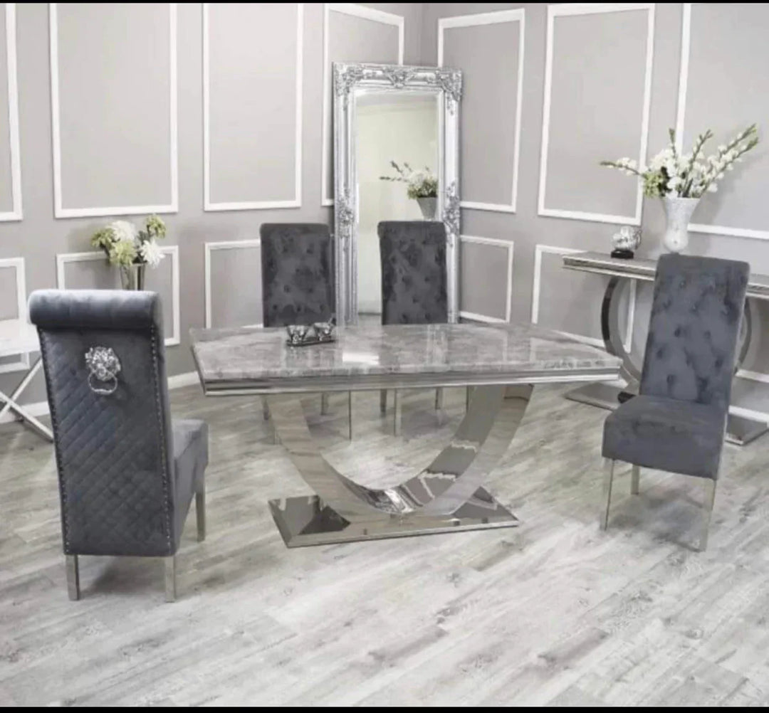 Arial 180cm Marble & Chrome Dining Table With Lucy Slim Quilted Lion Knocker Velvet Chairs
