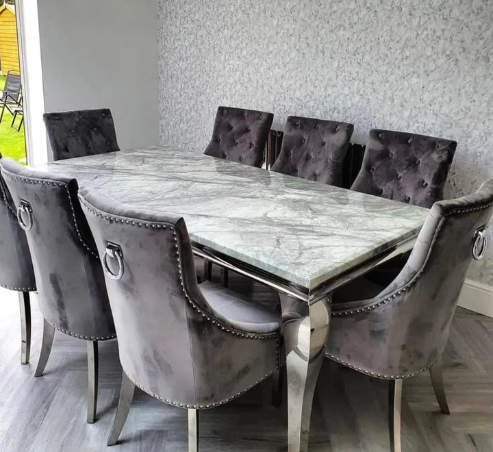 Louis Marble & Chrome Dining Table With Chrome Ring Knocker Velvet Chairs
