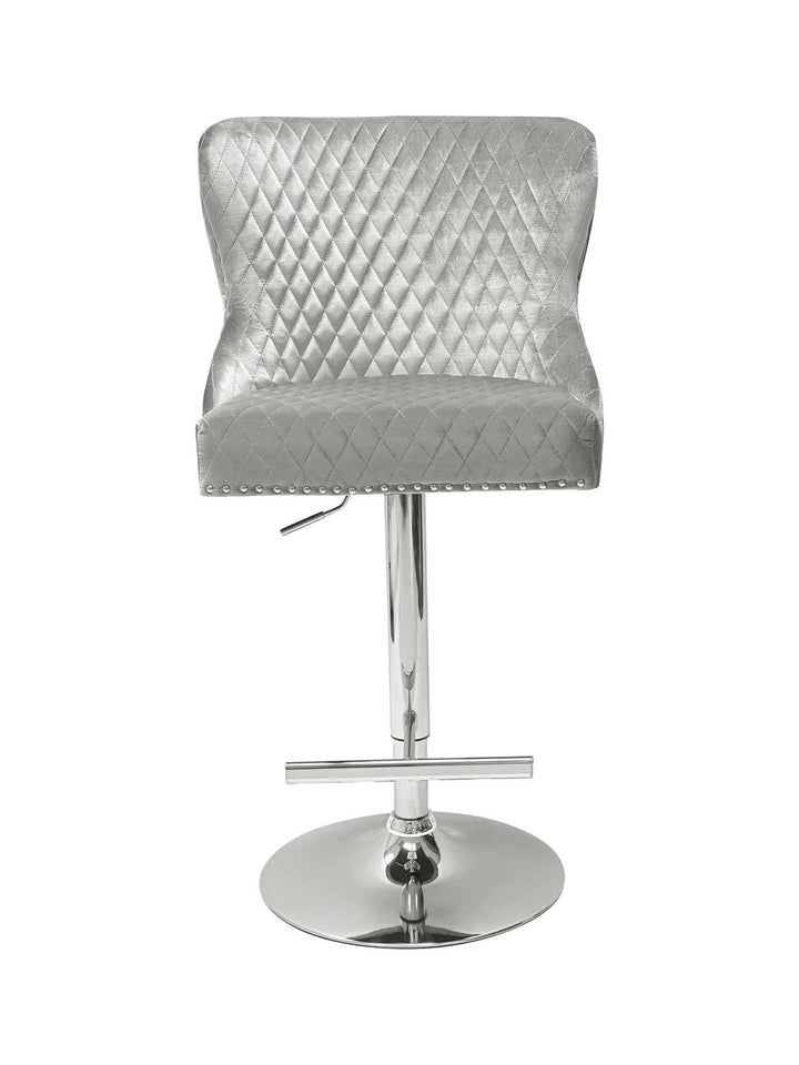Valentino Pewter Shimmer Grey Lion Knocker Quilted Back Plush Velvet Chrome Bar Stool-Esme Furnishings