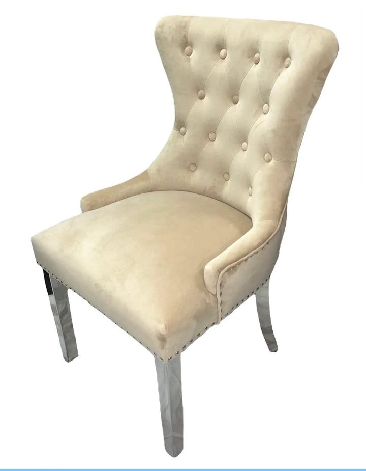 Louis 200cm Cream Marble Dining Table + Chrome Ring Knocker Dining Chairs-Esme Furnishings
