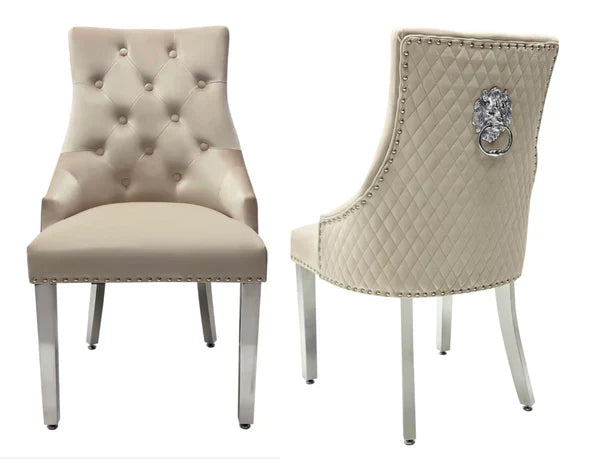 Arianna Marble & Chrome Dining Table With Quilted Lion Knocker Velvet Chairs