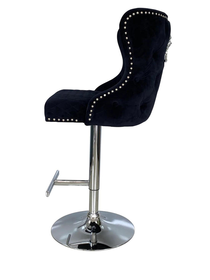 Valentino Black Lion Knocker Quilted Back Plush Velvet Chrome Bar Stool-Esme Furnishings