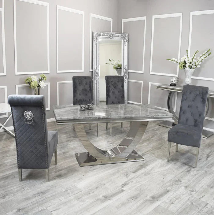 Arial 150cm Marble & Chrome Dining Table With Lucy Slim Quilted Lion Knocker Velvet Chairs