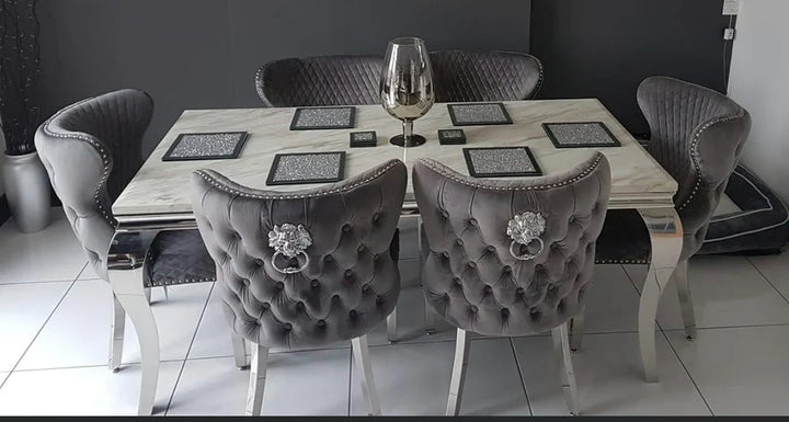 Louis Marble & Chrome Dining Table With Valentino Lion Knocker Velvet Chairs