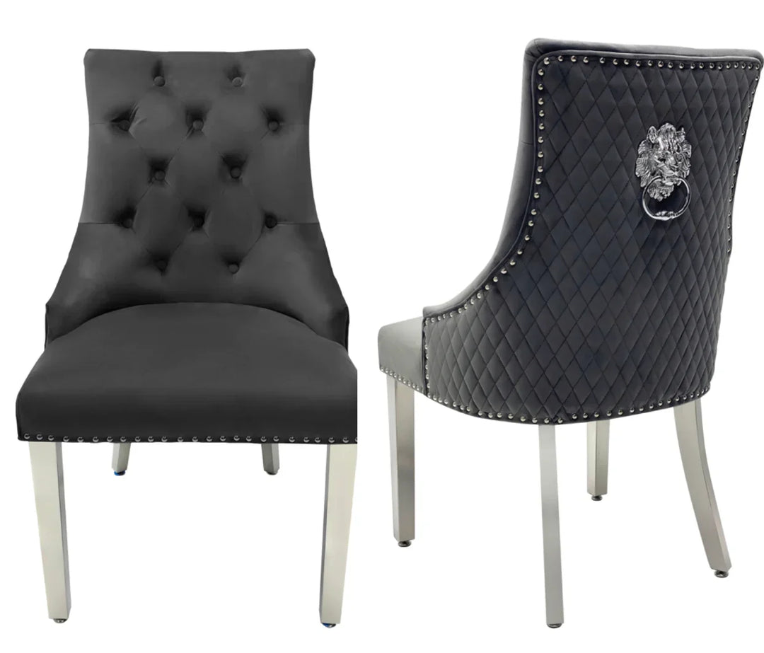 Louis Marble & Chrome Dining Table With Grey Quilted Lion Knocker Velvet Chairs & Bench