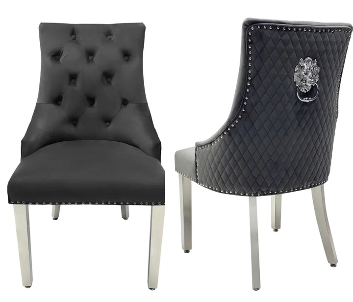 Louis Marble & Chrome Dining Table With Grey Quilted Lion Knocker Velvet Chairs & Bench