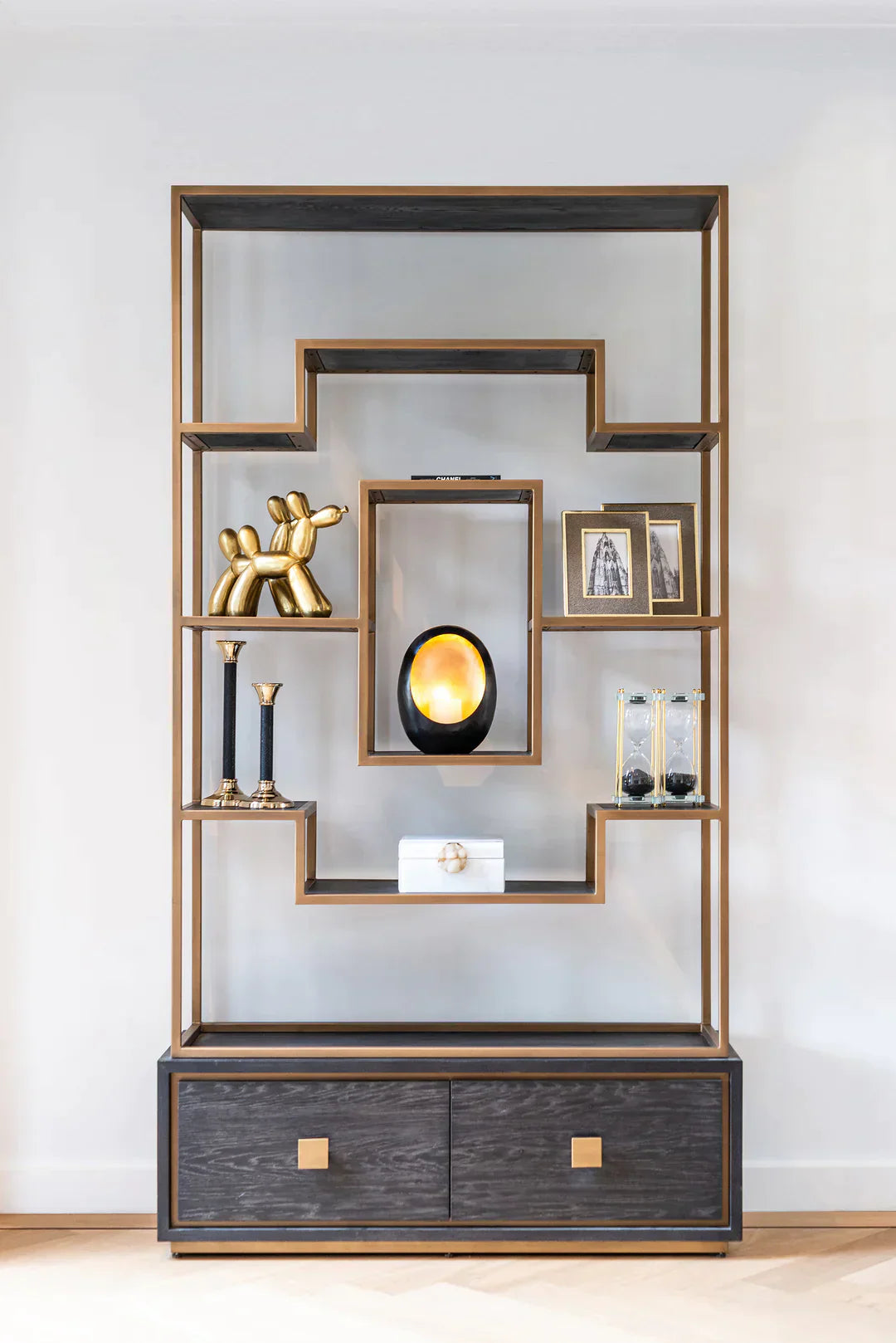 Richmond Interiors Hunter Black Oak and Gold 2 Drawer Display Unit
