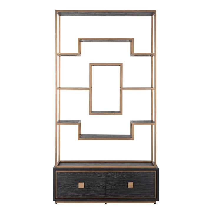 Richmond Interiors Hunter Black Oak and Gold 2 Drawer Display Unit